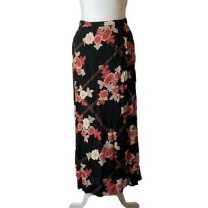 vintage 90s Kathie Lee Collection black floral red Maxi Skirt flat front sz 8